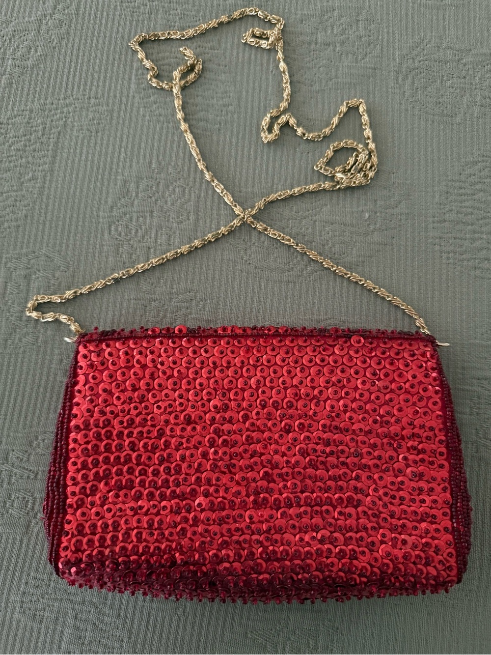 Vintage Red Sequin Floral Evening Clutch with Gold Chain Strap - Picture 2 of 5